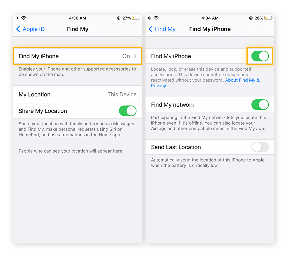 Find My iPhone options in iCloud settings on iPhone.