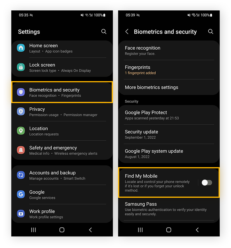 Open Android Settings > Biometrics and security to enable Find My Mobile.