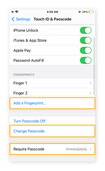 Eine Ansicht der Einstellungen für „Touch ID & Code“. Die Optionen „Fingerabdruck hinzufügen“, „Code ändern“ und „Code anfordern > Sofort“ sind hervorgehoben.