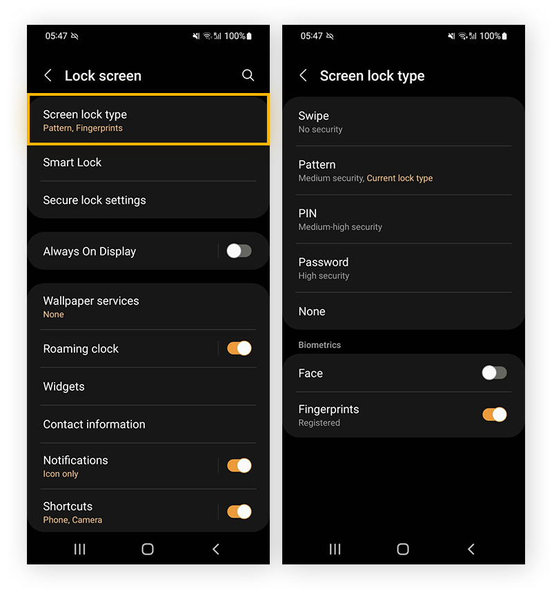 Tap Screen lock type, then choose the lock screen security you want to enable.