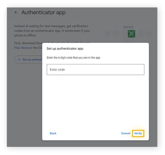 Enter the Google Authenticator code, then click Verify