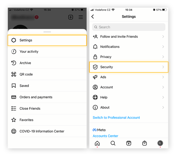 Opening Instagram Security settings from Instagram profile page, with "Settings" and "Security" highlighted