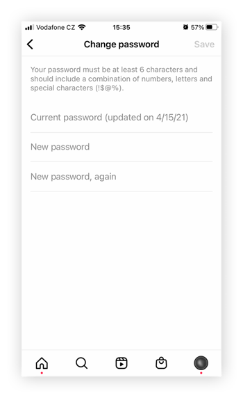 Schermata della pagina "Modifica password" su Instagram