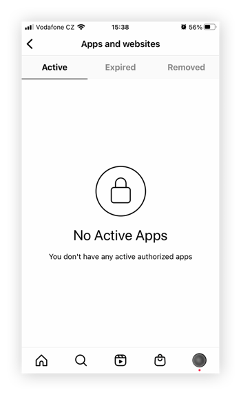 Screenshot der Seite „Aktive Apps und Websites“