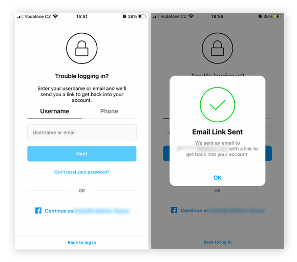 Capturas de tela da página "problema ao fazer login" e notificação de "link de e-mail enviado”