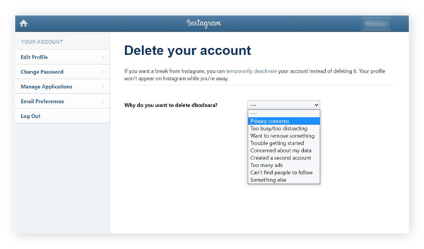 Screenshot der Seite „Instagram-Konto löschen“ mit dem sichtbaren Dropdown-Menü „Warum möchtest du [Benutzername] löschen“