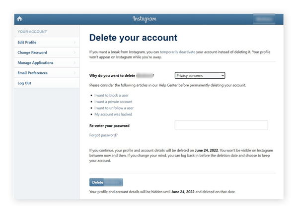 Screenshot der Seite „Dein Konto löschen“ mit dem Feld „Gib dein Passwort erneut ein“ und der Option „[Benutzername] löschen“