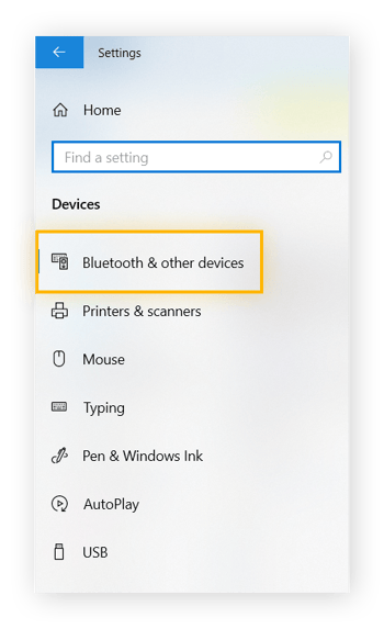 Bluetooth y otros dispositivos está resaltado