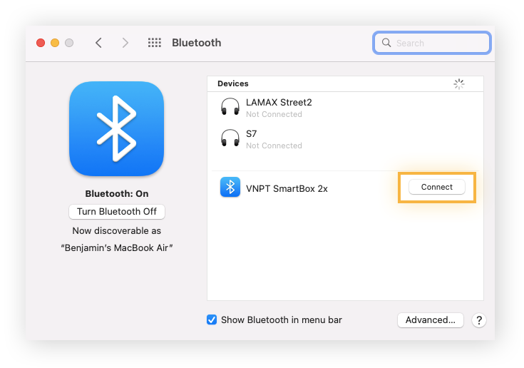 Connetti è evidenziato accanto a un dispositivo con il simbolo Bluetooth
