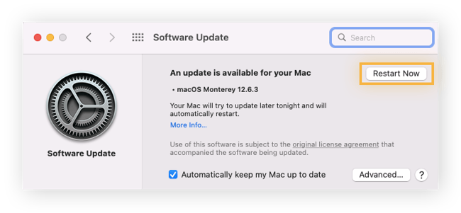  Hay una actualización disponible para Mac y se resalta Reiniciar ahora