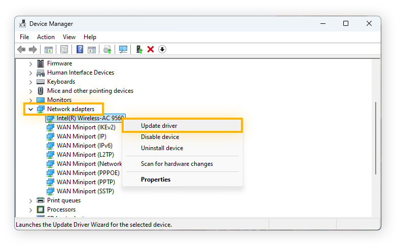 Updating network drivers on Windows 11 to fix internet issues.