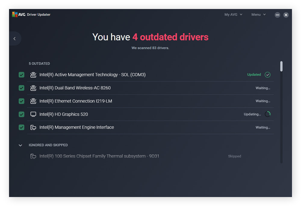 A screenshot of AVG Driver Updater updating outdated network drivers.