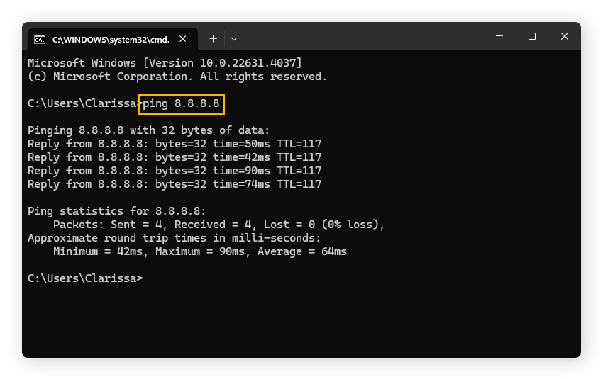 Running a ping test on Windows to test internet connectivity.