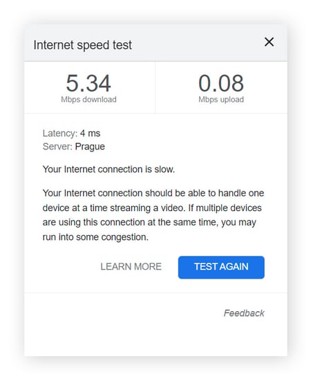 Résultats d’un test de vitesse Internet indiquant la vitesse de chargement, la vitesse de téléchargement et le ping
