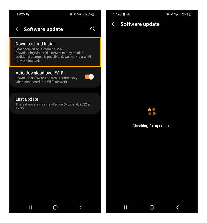 Tippen auf „Herunterladen und installieren“ in den Software-Update-Einstellungen, um unter Android nach Updates zu suchen.