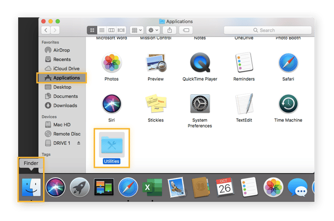 macOS's Finder app opened, with Applications selected and utilities folder chosen.