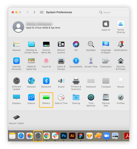 Fenêtre des préférences système dans macOS. Mise en surbrillance de l’option Batterie.