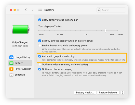Menü „Batterie“ unter macOS mit Hervorhebung der Option „Automatischer Wechsel der Grafikmodi“