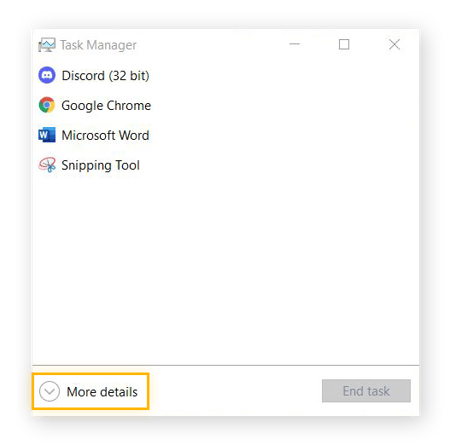 Captura de pantalla del Administrador de tareas con la opción Más detalles resaltada