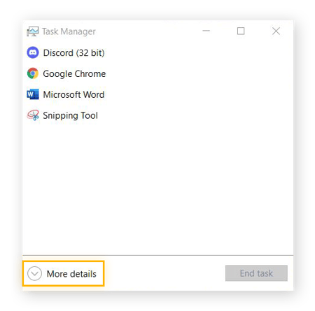 Screenshot of the Task Manager window, with More Details highlighted