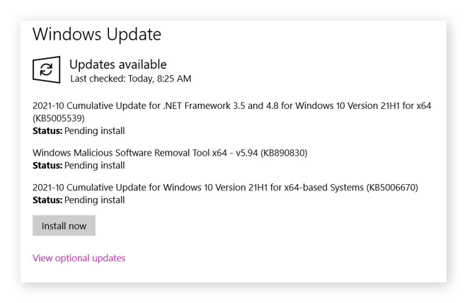 Screenshot of the Windows Update window