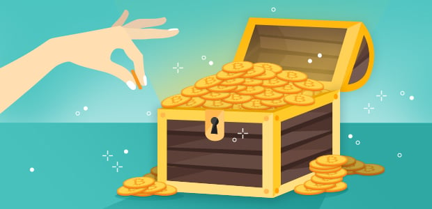 A hand having pulled a bitcoin out of a treasure chest