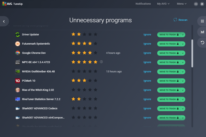 Programas desnecessários do AVG TuneUp