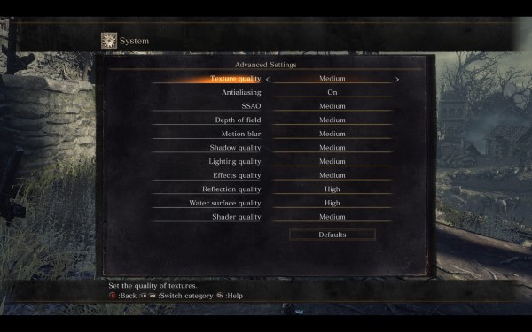 tela das configurações avançadas do sistema do Dark Souls 3 - qualidade da textura