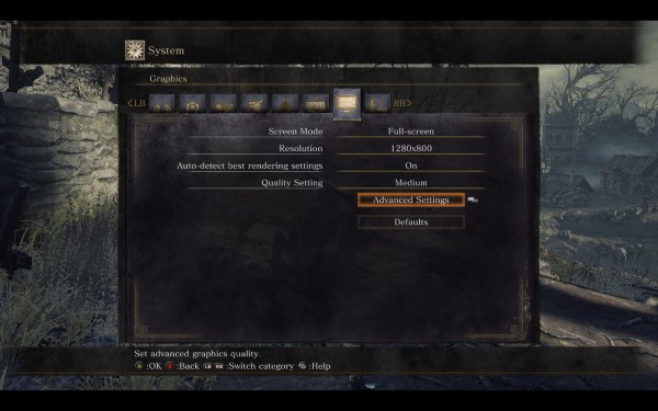 tela das configurações avançadas de vídeo do sistema do Dark Souls 3
