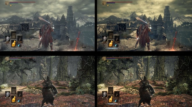 4 capturas de tela do jogo para comparar efeitos de FX cinemáticos