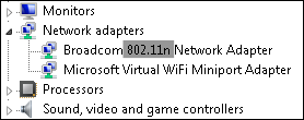 Gedeelte Netwerkadapters met netwerkadapter Broadcom 802.11n gemarkeerd