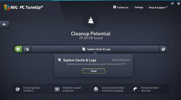 Das PC TuneUp Menü für die Freigabe von Speicherplatz Das PC TuneUp Menü für die Freigabe von Speicherplatz