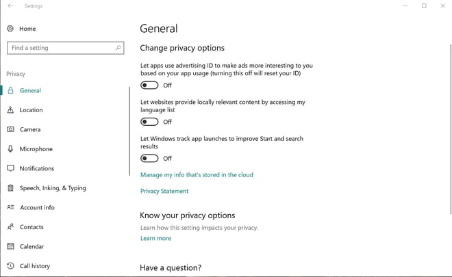The General settings under Privacy