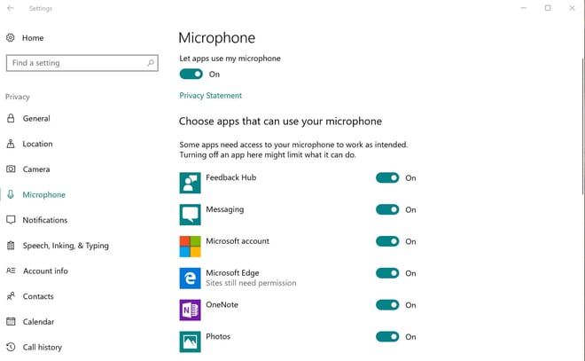 The microphone settings in Windows 10