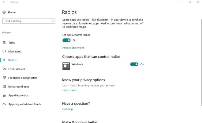 The radio settings in Windows 10