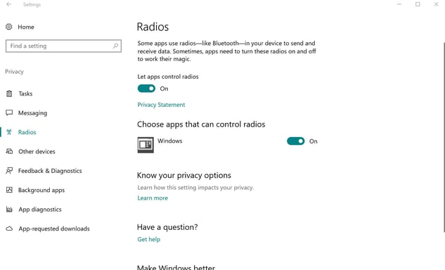 De instelling "Radio's" in Windows 10
