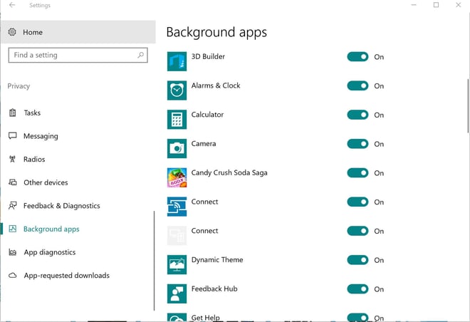 The background apps settings in Windows 10