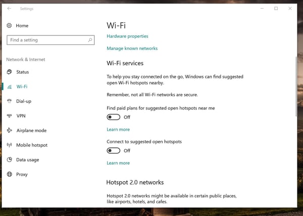 The Wi-Fi settings in Windows 10