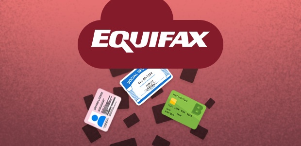 Logotipo da Equifax chovendo cartões de crédito, cartões de previdência social e carteiras de habilitação.