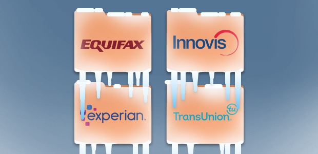 Eingefrorene Bonitätsauskünfte mit den Logos von Equifax, Experian, Transunion und Innovis.