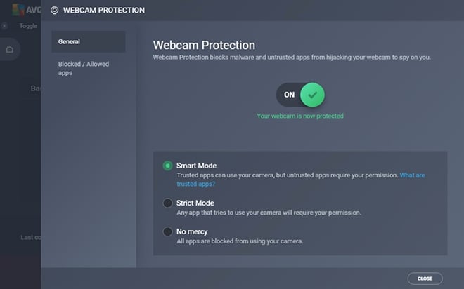 Captura de tela das configurações da Proteção de Webcam no AVG Internet Security