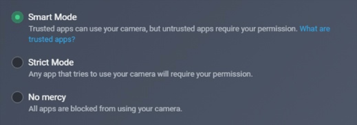 Captura de tela dos 3 níveis de segurança da Proteção de Webcam: Modo Inteligente, Modo Estrito e Sem piedade