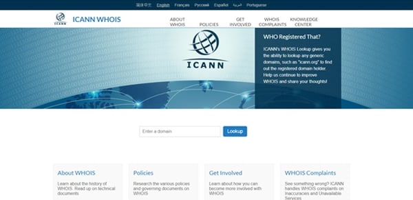Afbeelding van de webpagina van Icann, waar u informatie kunt opzoeken over wie er achter een website zit