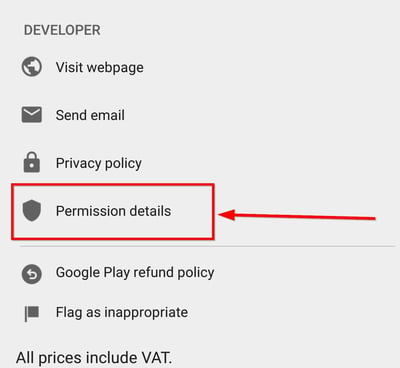 Detalhes das permissões na loja Google Play