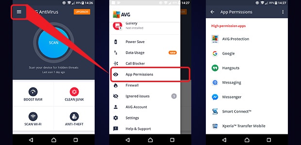 Screenshots showing how to see app permissions using AVG AntiVirus for Android