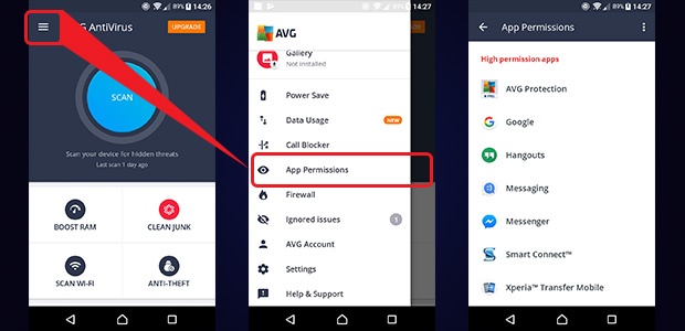 Screenshots, die zeigen, wie Sie App-Berechtigungen mit AVG AntiVirus für Android anzeigen Screenshots, die zeigen, wie Sie App-Berechtigungen mit AVG AntiVirus für Android anzeigen