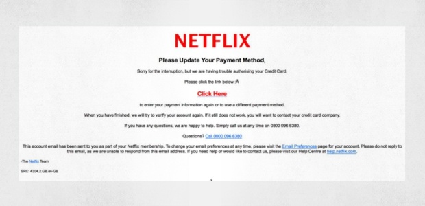 Un correo de phishing que imita a Netflix con vínculos de hipertexto manipulados