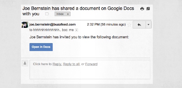 Um e-mail de phishing de convite do Google Doc