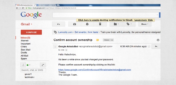 Eine Spear-Phishing-E-Mail, die vorgibt, eine Bestätigungs-E-Mail von Google zu sein