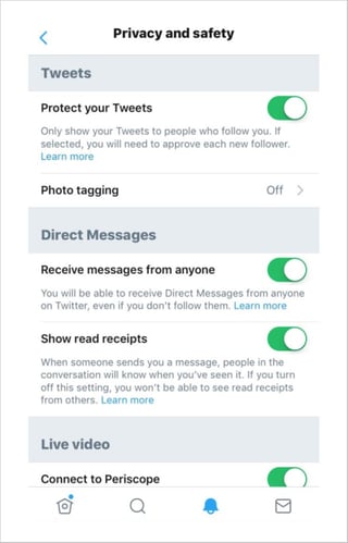Cómo proteger sus tweets en iOS en el menú «Privacidad y seguridad» de Twitter
